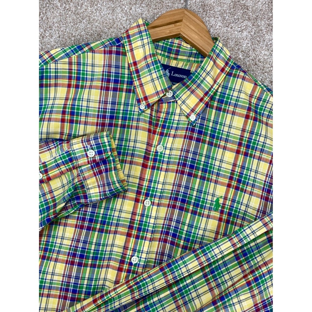 Ralph Lauren Custom Fit Plaid Button Down Shirt Mens L Yellow Green Classic Logo